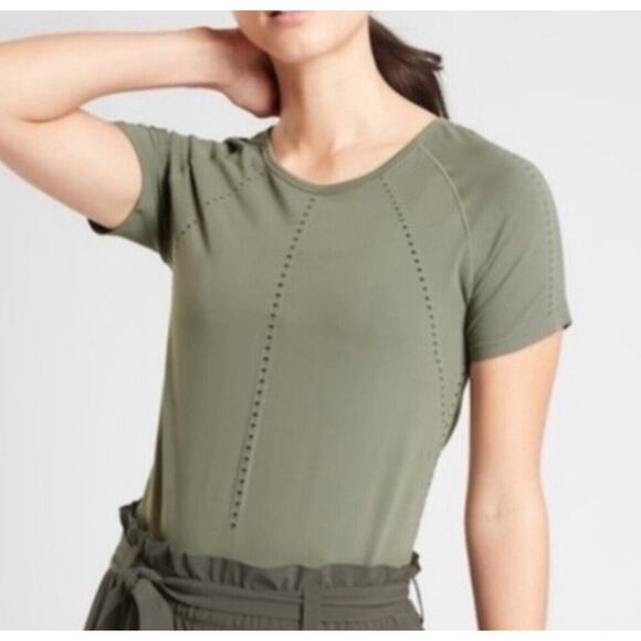 ATHLETA Foothill Tee Top Olive Green Laser Cut Wicking Short Sleeve Medium - Picture 2 of 9